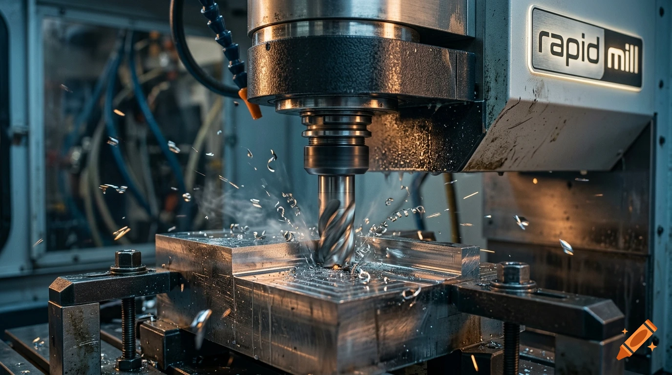 Cinematic shot of a CNC milling machine cutting a block of metal with glowing sparks flying, with the text 'rapid mill'.