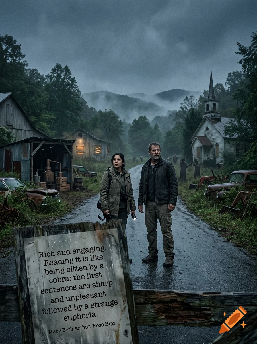 Photorealistic scene of a man and woman standing on a wet road in a foggy rural town with a quote on a wooden sign in the foreground.