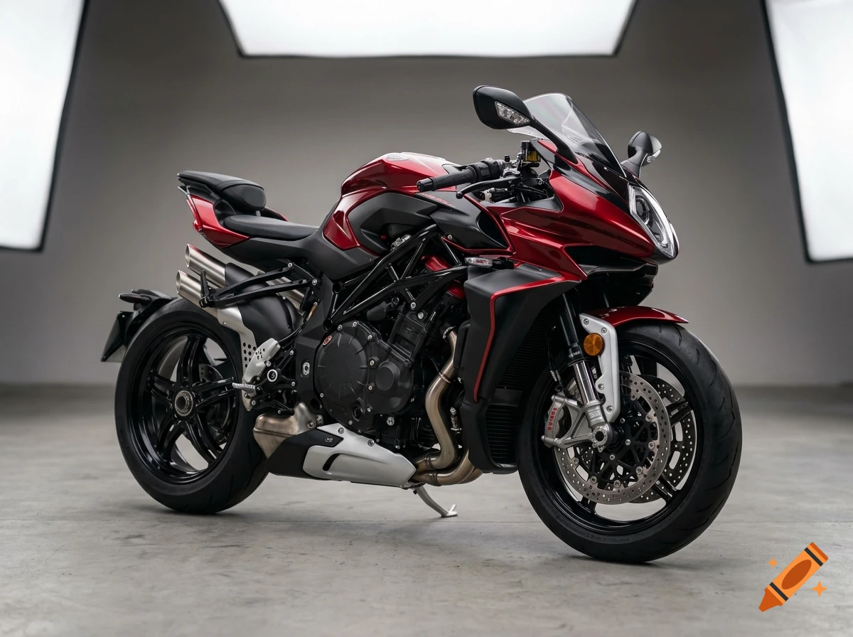 Photorealistic studio shot of a sleek red and black sport motorcycle parked on a concrete floor.