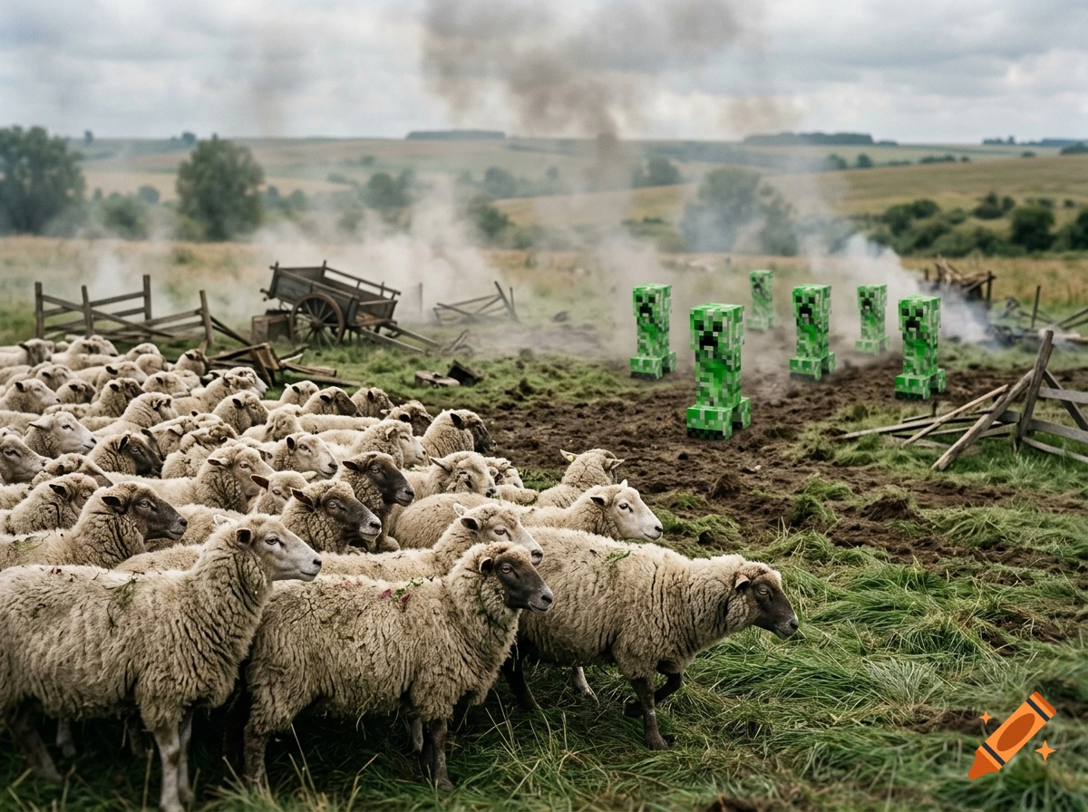 Photorealistic scene of a flock of sheep facing a group of blocky green Minecraft creepers in a grassy field with smoke.