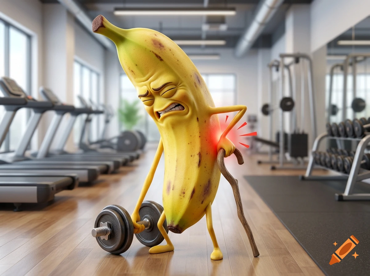 3D comic illustration of a miserable banana character with ripening spots lifting a dumbbell and holding a walking stick in a modern gym.