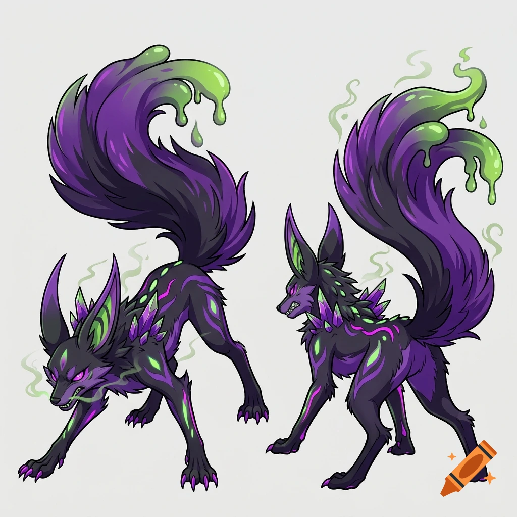 Digital illustration of two poison-type fox creatures with purple fur, green slime tails, and crystal spikes in a battle pose.