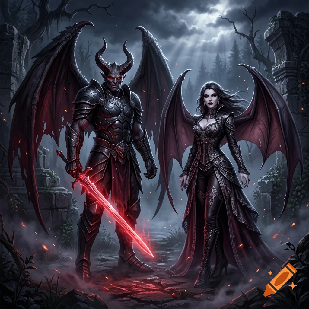 A winged dark demon warrior with a crimson sword and a gothic female vampire with bat wings standing in a dark fantasy digital art style.