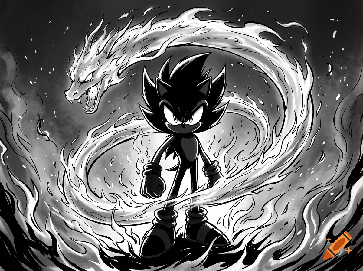 Black and white illustration of Sonic the hedgehog surrounded by flames and a stylized fire dragon.