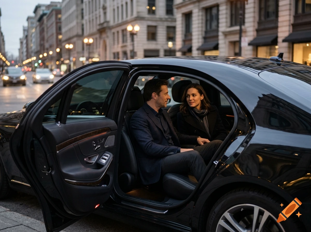A man and woman sitting in the back of a luxury car with the door open in a city street.