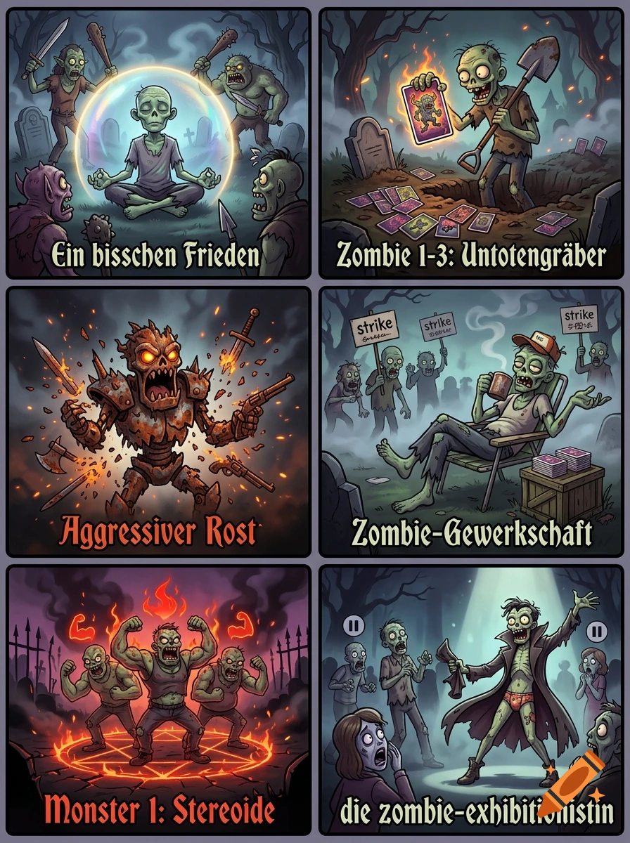 Comic style illustration of six panels showing various humorous zombie scenes in a graveyard.