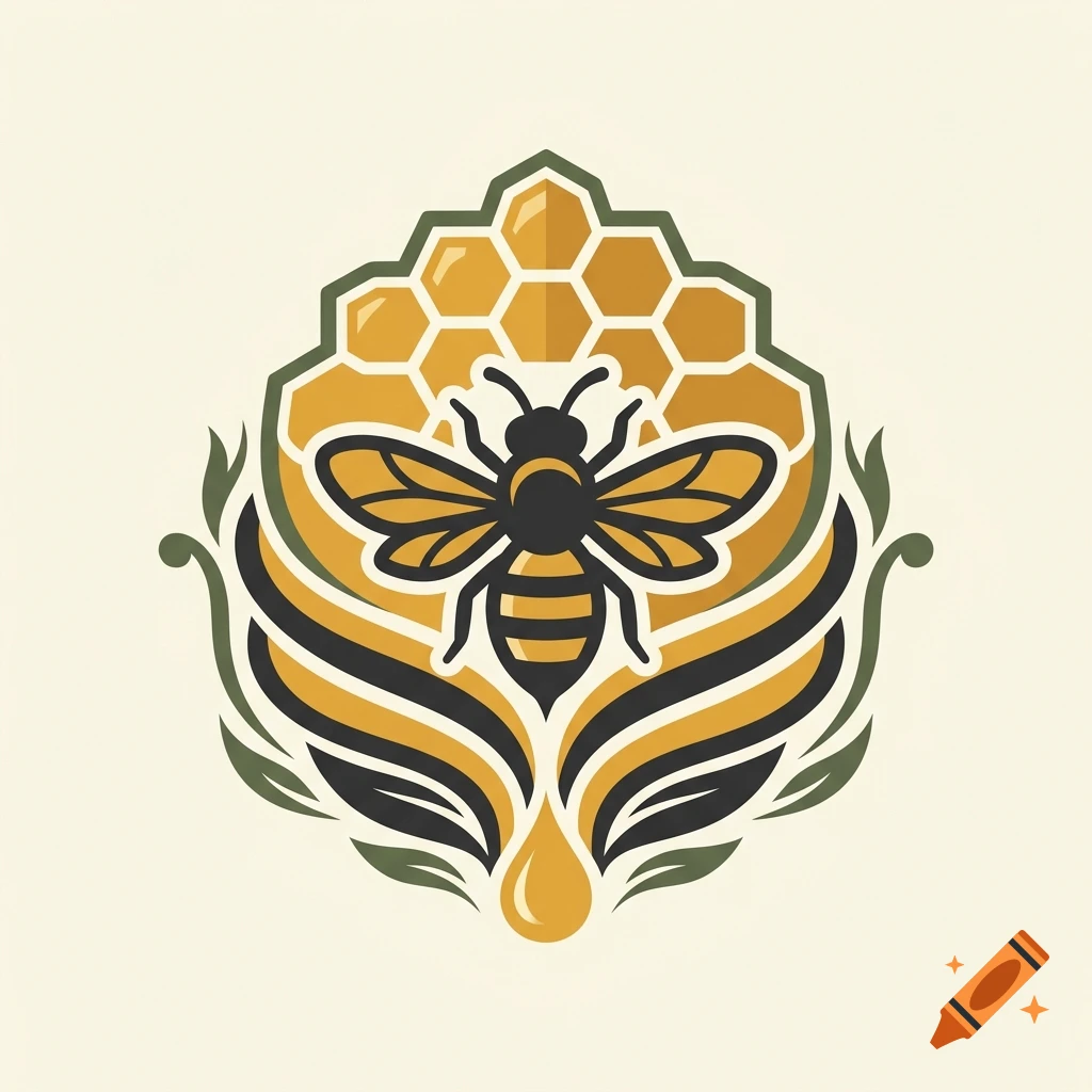 Logo design featuring a honeybee, honeycomb, and honey drop in a stylized vector art style.