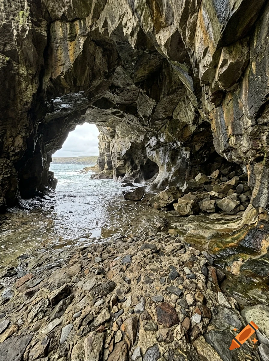 View from inside a rocky sea cave looking out towards the ocean under an overcast sky.