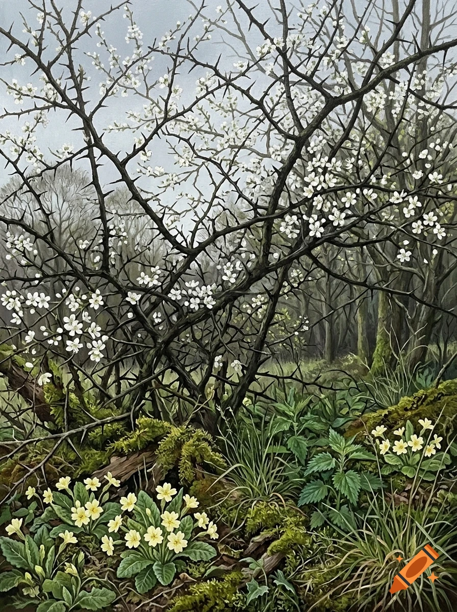 An oil painting depicting a thorny blackthorn bush in bloom with small white flowers, surrounded by mossy logs and yellow primrose flowers in a forest.