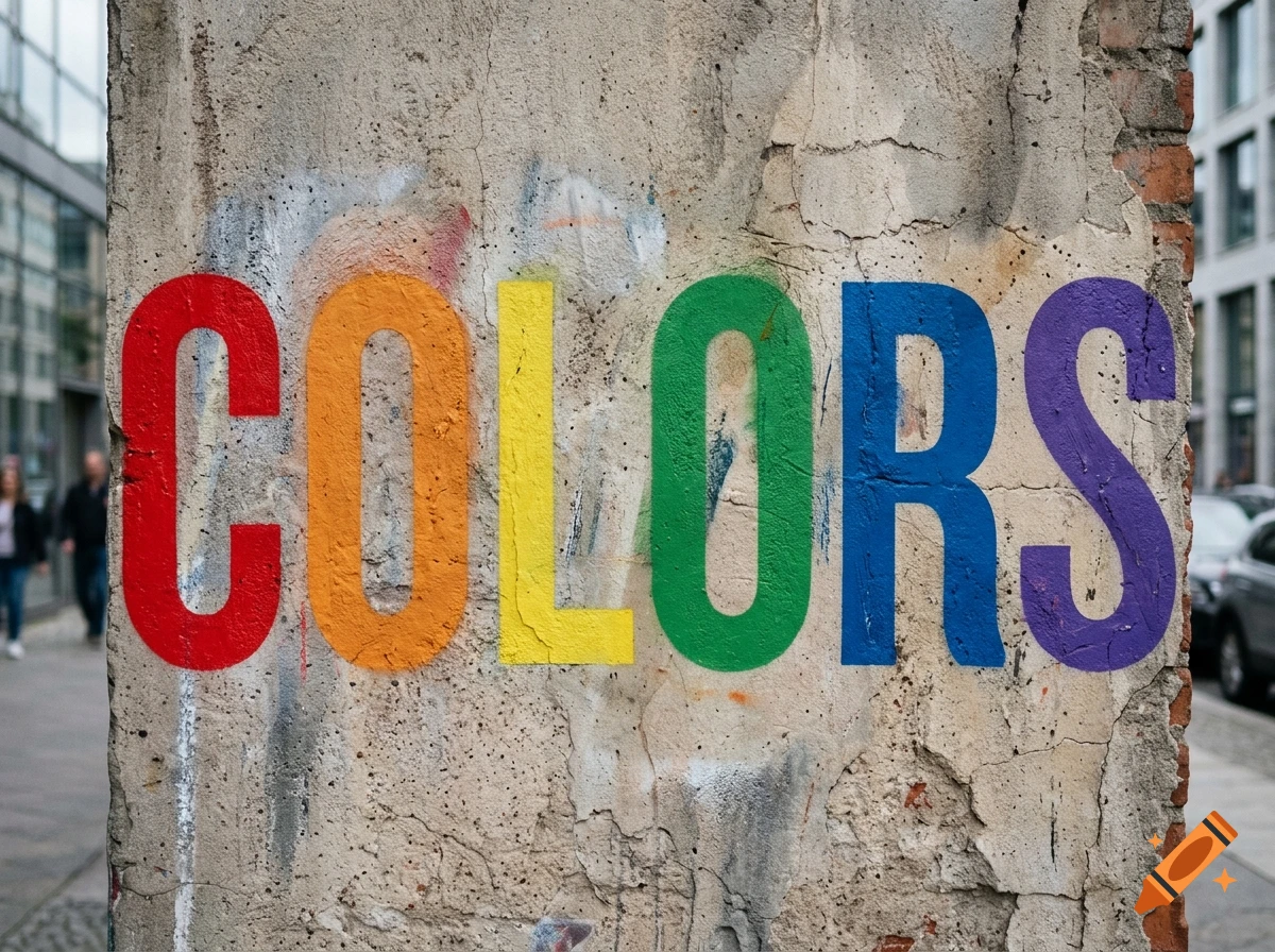 Colorful word COLORS painted on a weathered concrete wall in an urban setting, photorealistic.