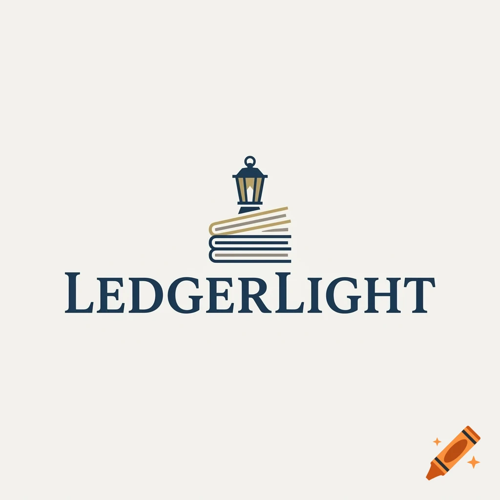 A minimalist logo featuring a stack of books with a lantern on top, accompanied by the text 'LEDGERLIGHT'.