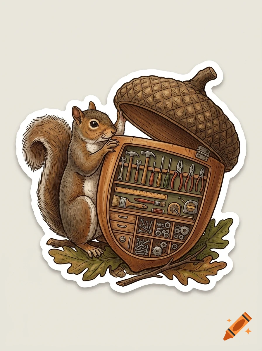 An illustrated squirrel standing next to an open acorn-shaped toolbox filled with miniature tools and hardware.