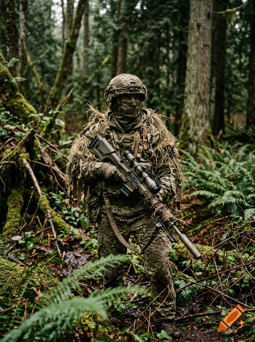 Photorealistic image of a soldier in camouflage gear and a ghillie suit standing in a dense forest, holding a scoped rifle.