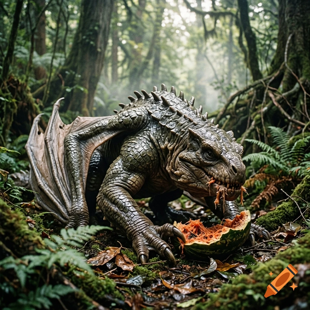 Photorealistic green dragon with short spikes and wings eating a sliced watermelon in a lush forest.