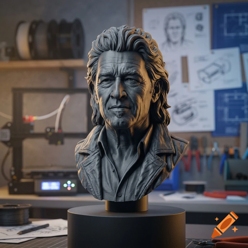 3D printed grey bust of Peter Maffay with long wavy hair in a workshop setting.