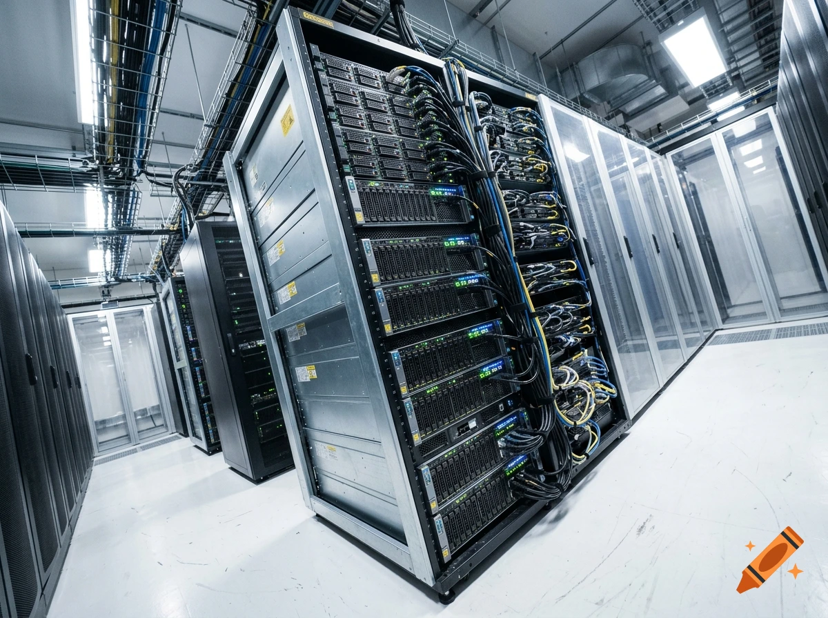 A photorealistic tilted-angle view of a server room with racks of GPU servers, cables, and a white floor.