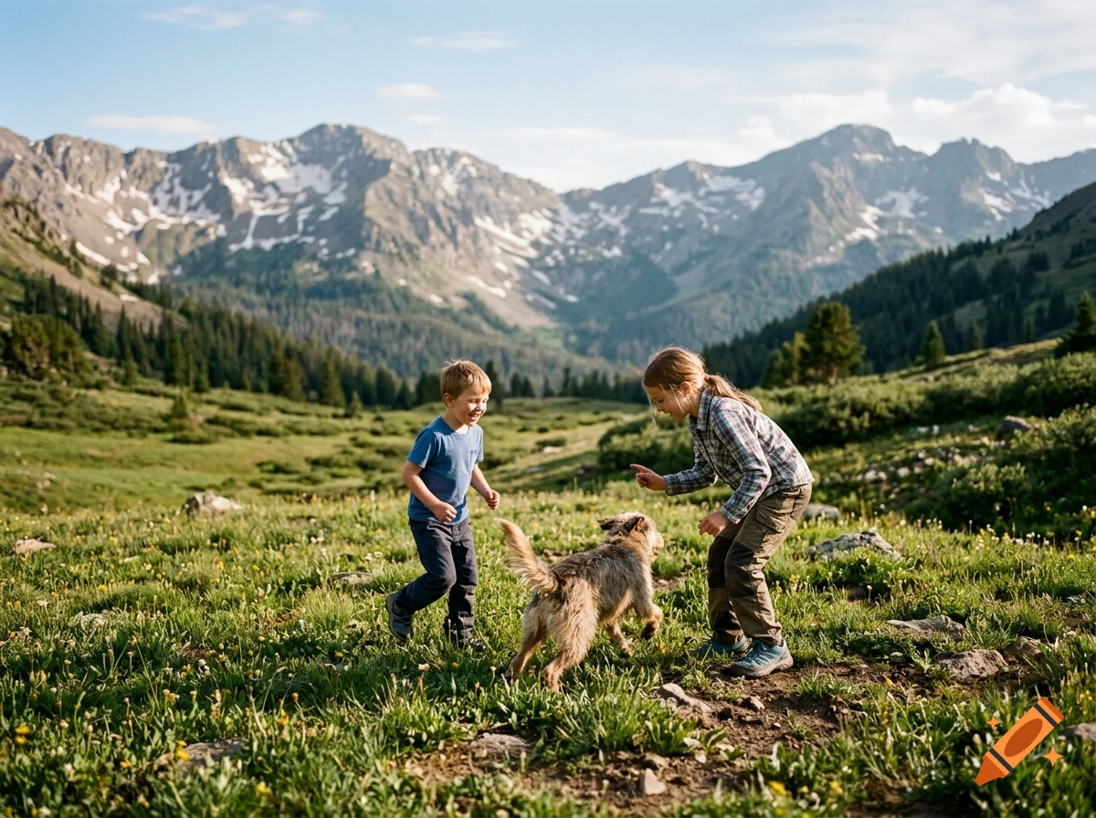 Photorealistic image of two children playing with their dog in a green mountain meadow with snowy peaks in the background.
