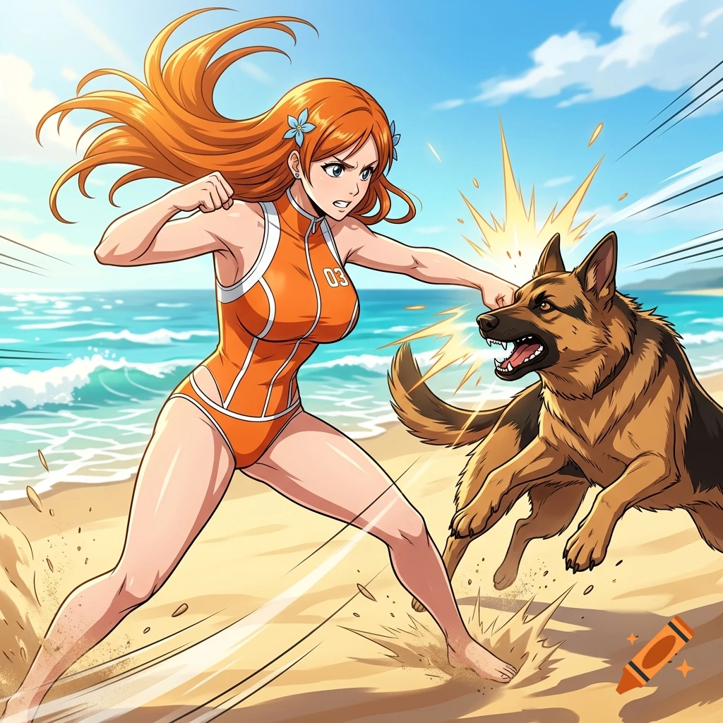 Anime style illustration of an orange-haired woman in a swimsuit punching an aggressive German Shepherd on a sunny beach.