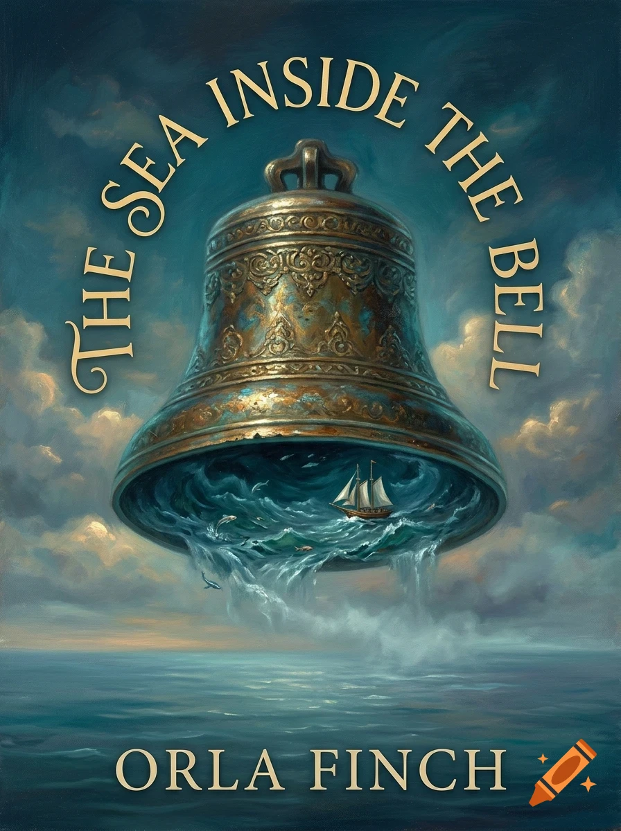 An ornate bronze bell floating in a cloudy sky contains a stormy sea with a sailing ship, captioned with text above and below.