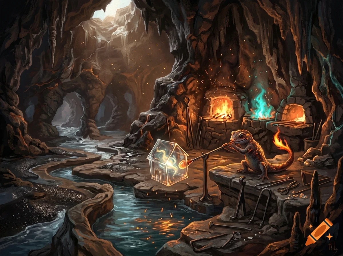 An illustrated lizard blows glass inside a cavernous underground workshop with furnaces, an underground stream, and stone stalactites.