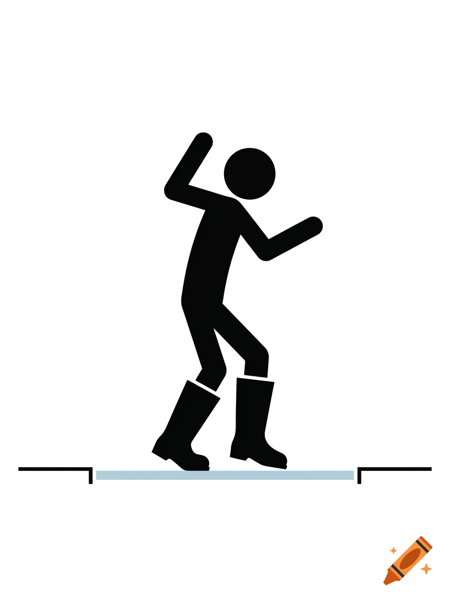 Black and white pictogram of a stickman wearing boots walking across a thin sheet of ice.