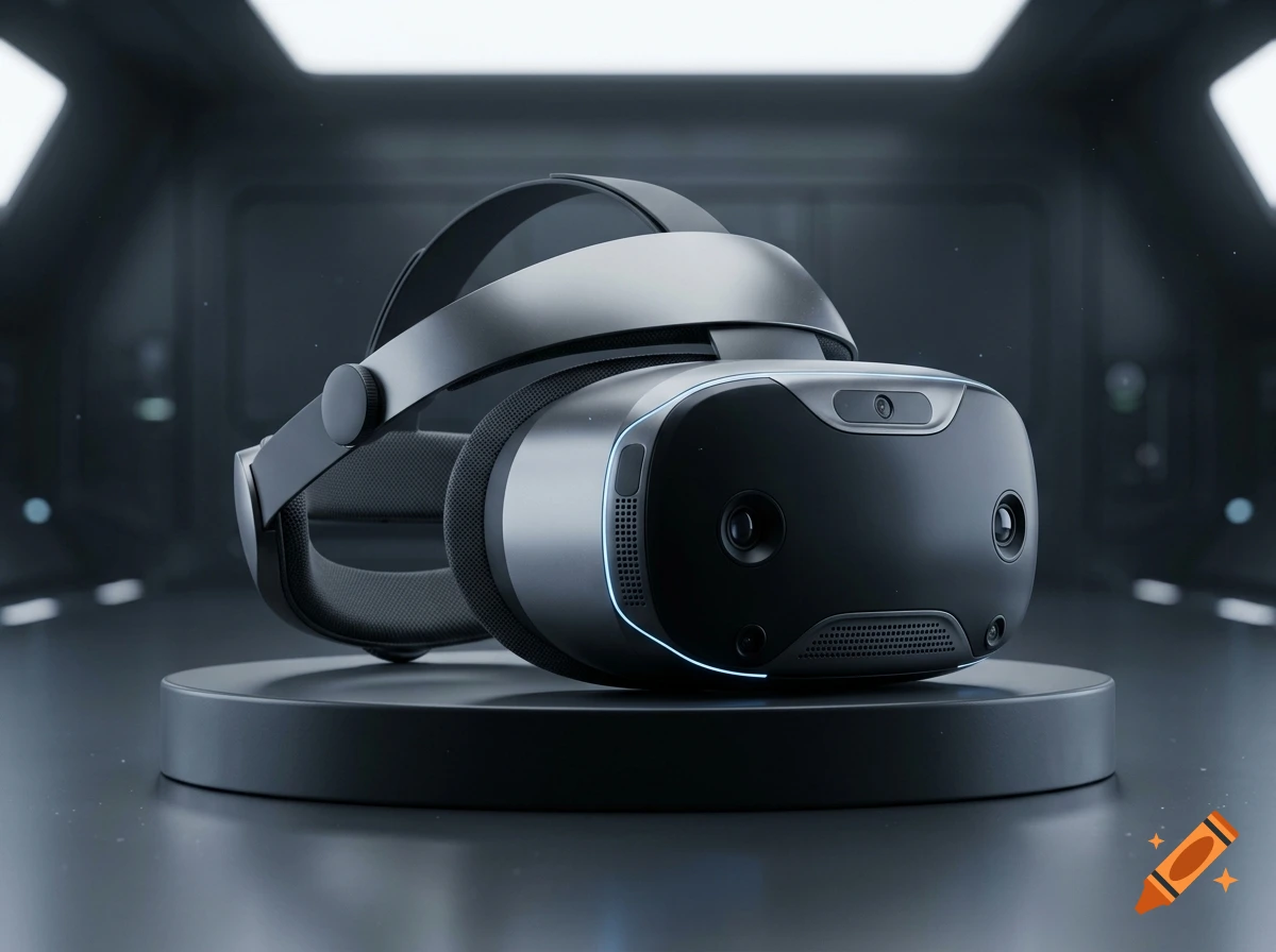 A photorealistic futuristic VR headset resting on a dark pedestal in a sci-fi room.