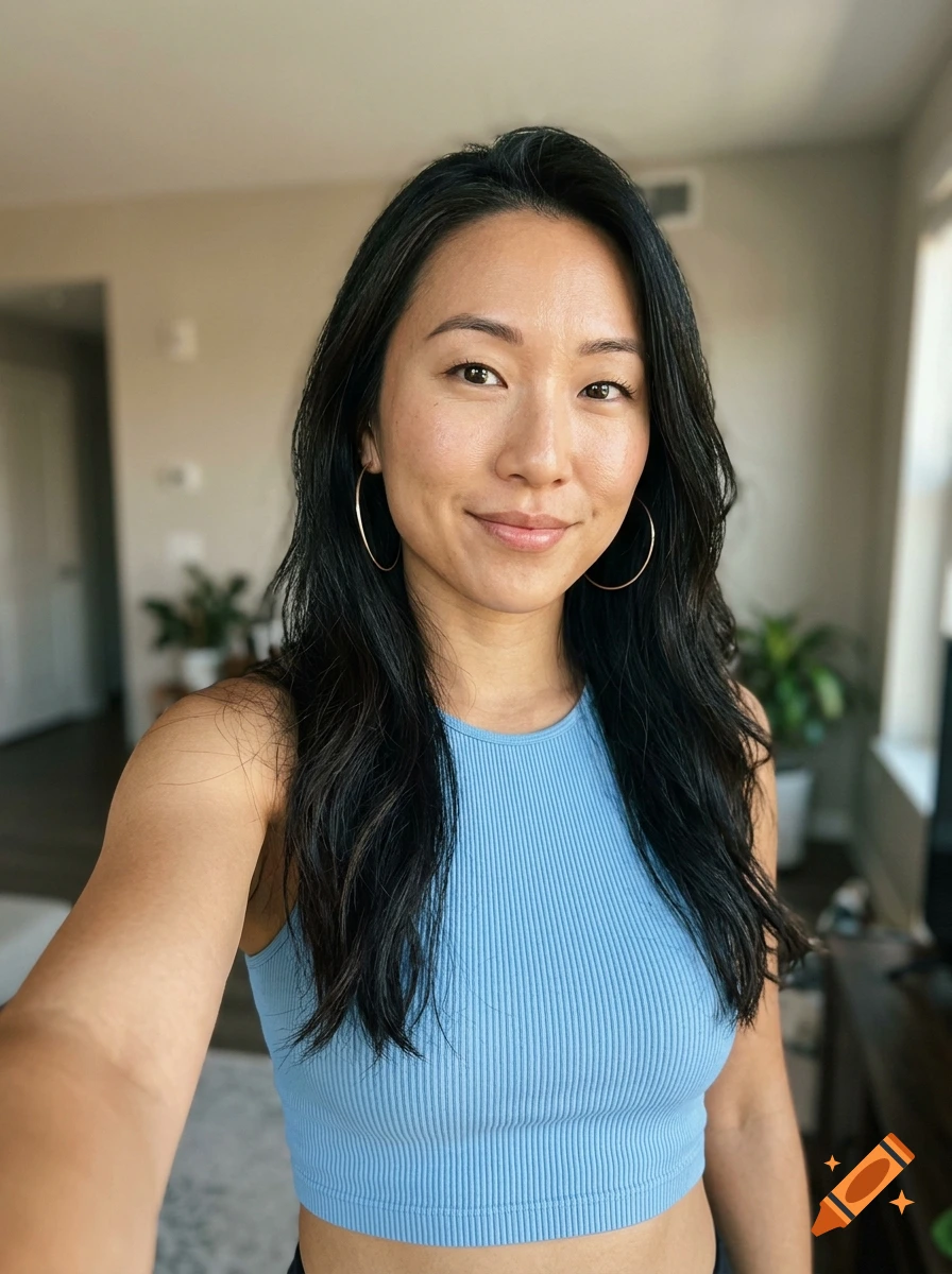 Photorealistic selfie of a smiling Asian woman with long dark hair, wearing a light blue crop top and hoop earrings indoors.