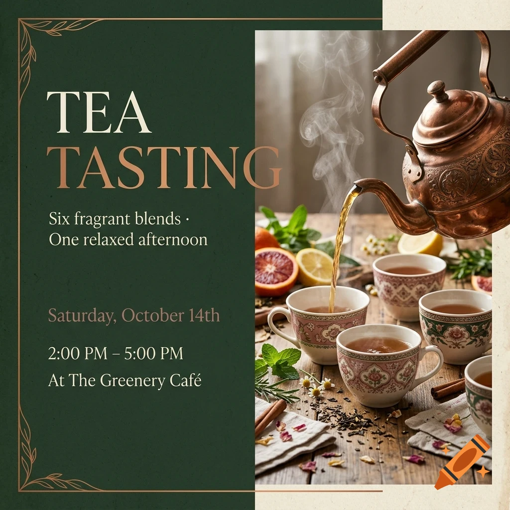A poster for a tea tasting event with tea being poured from a copper kettle into teacups, surrounded by citrus fruits, herbs, and text on a dark green background.