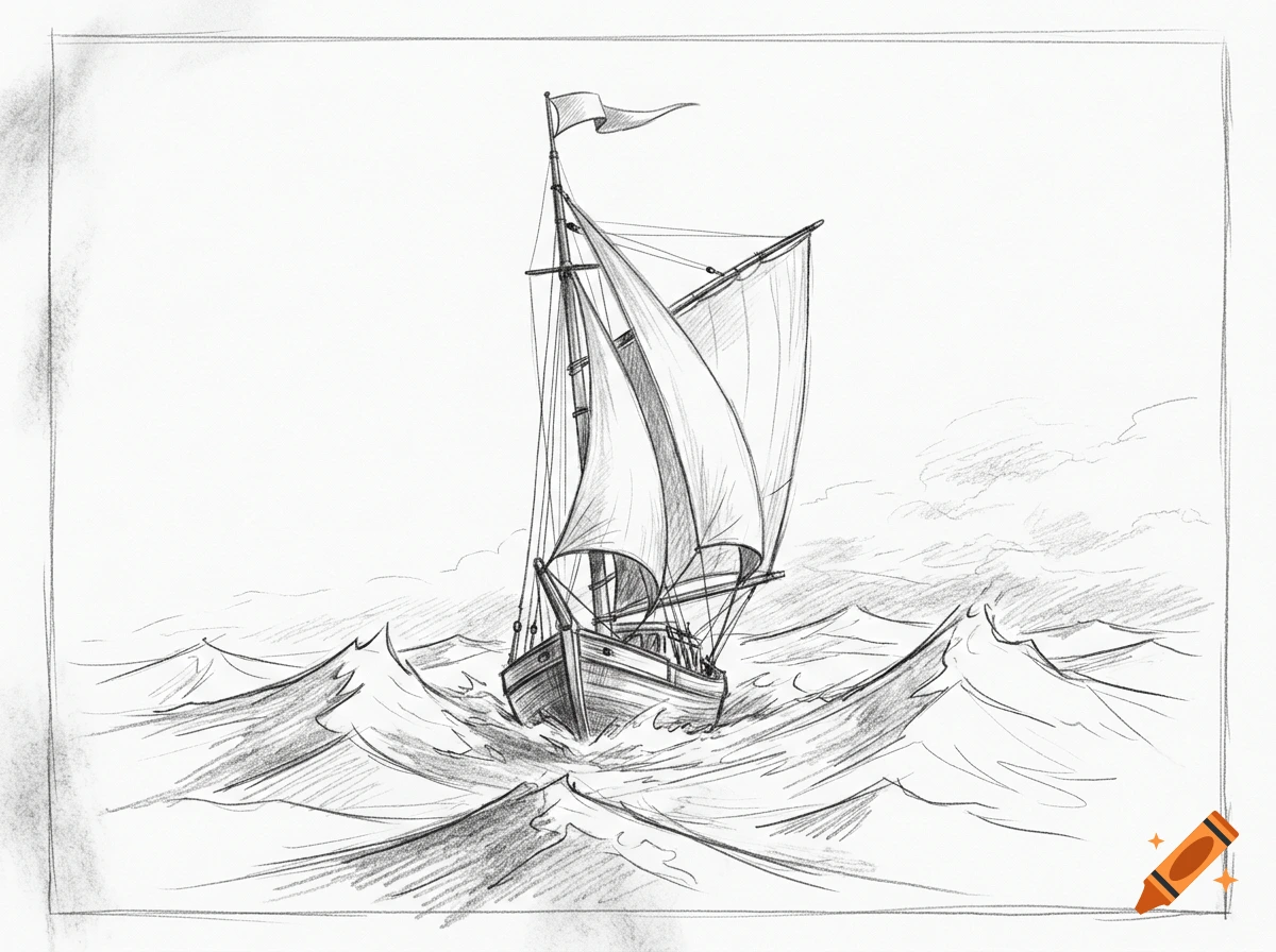 pencil sketch of a small sailboat navigating rough, choppy waves
