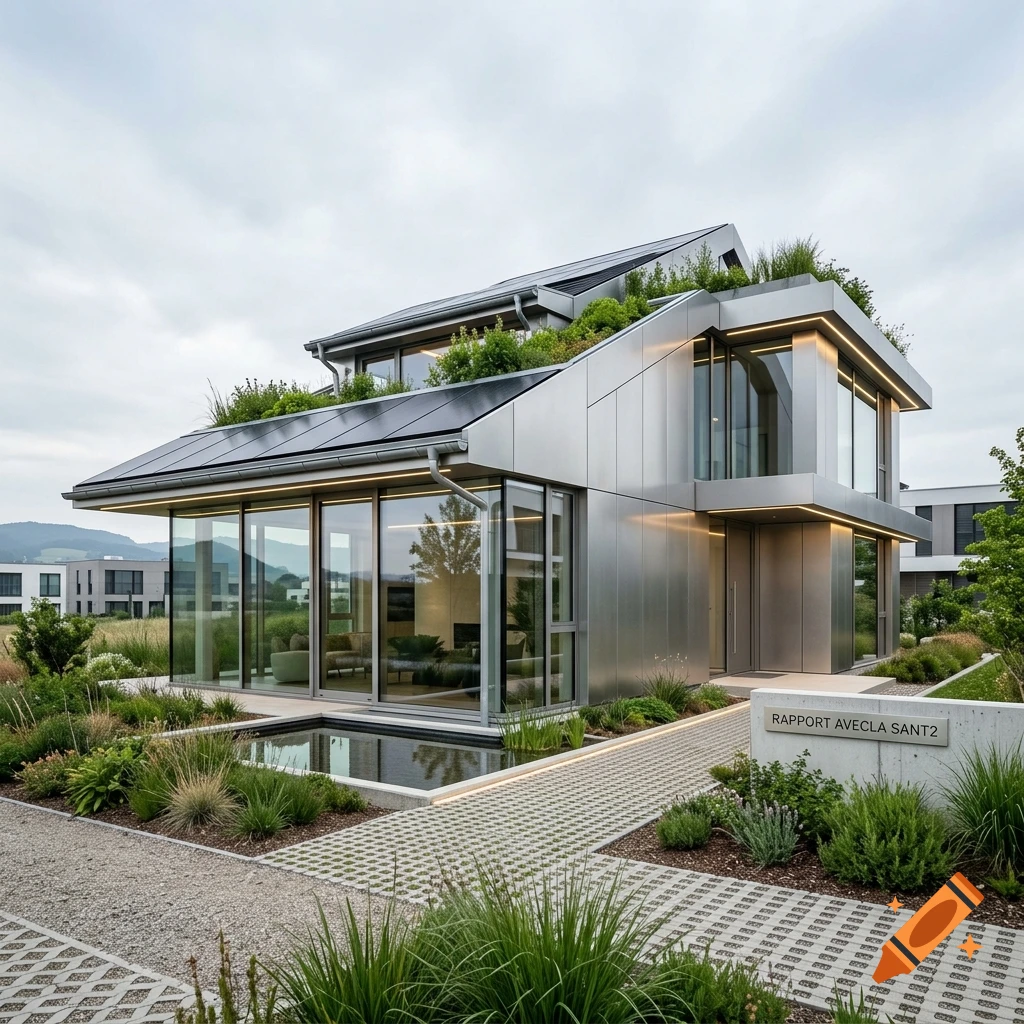 Photorealistic futuristic metal house with solar panels, green roof, and a small reflecting pool in front.