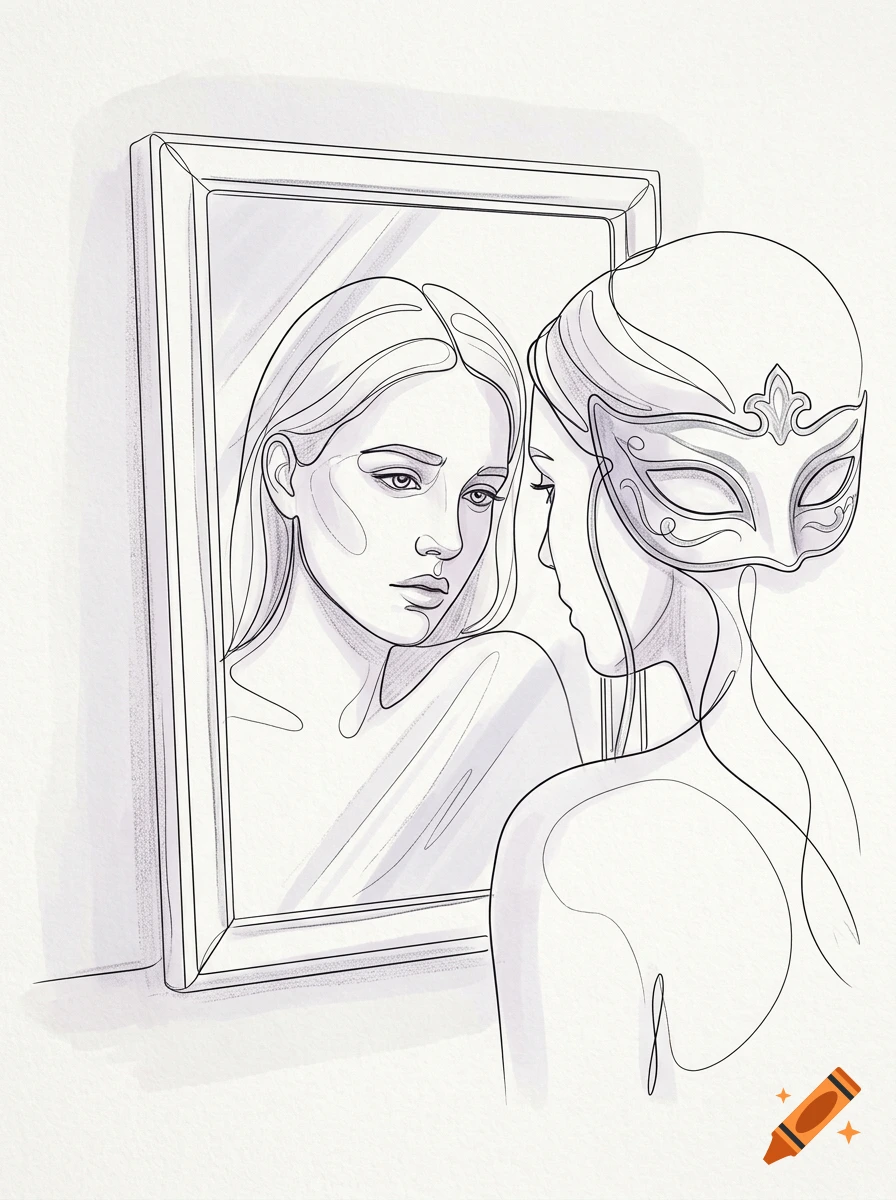 Continuous line art drawing of a young woman looking at her reflection in a mirror while wearing a decorative mask.