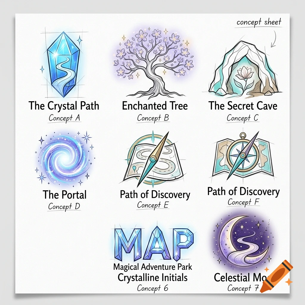 Concept sheet with various magical icons and logos including crystals, trees, caves, and compasses in a sketch style.