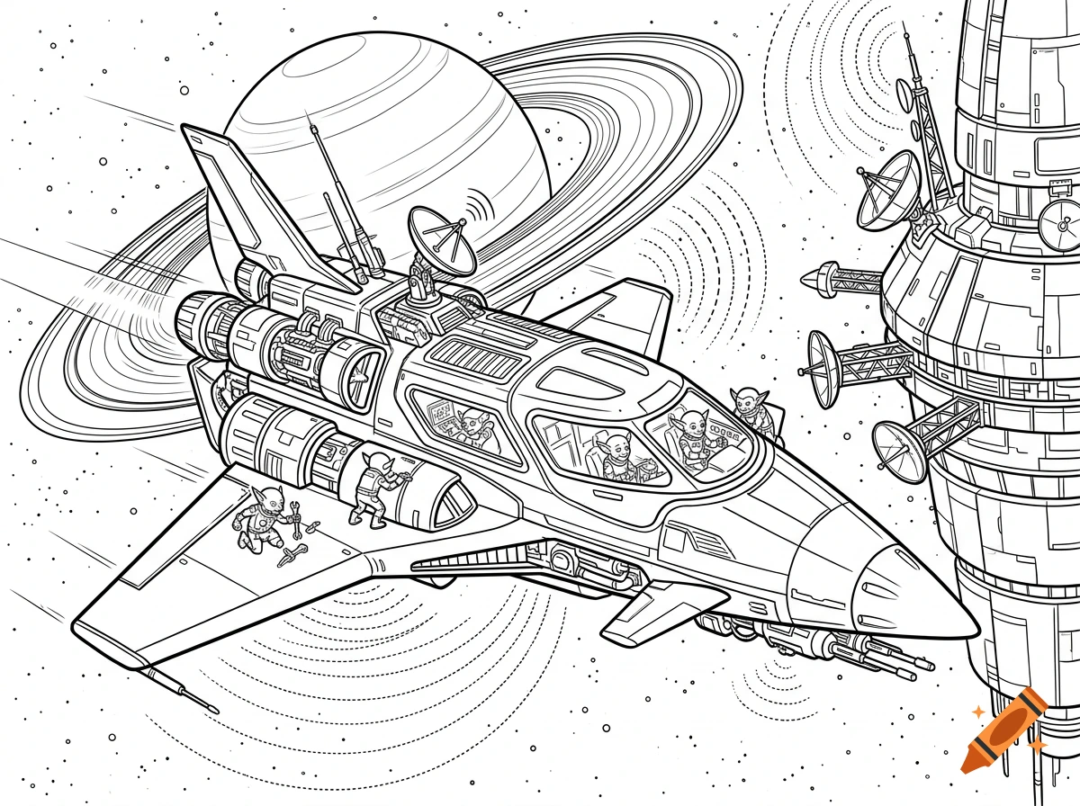Black and white line drawing of a futuristic spaceship in space with a ringed planet and space station.