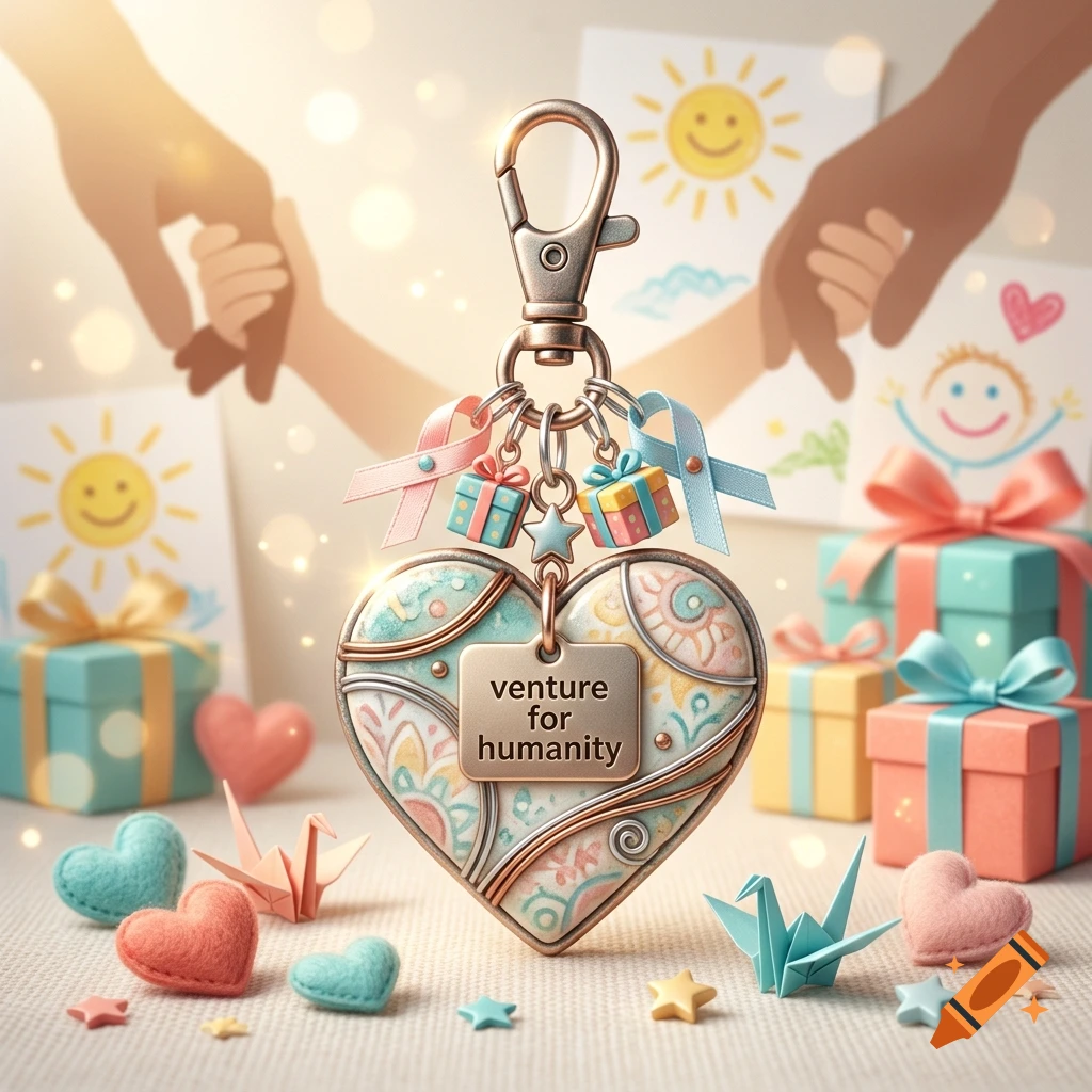 Close-up of a decorative keychain featuring a heart-shaped pendant with the text venture for humanity, surrounded by gifts and origami.