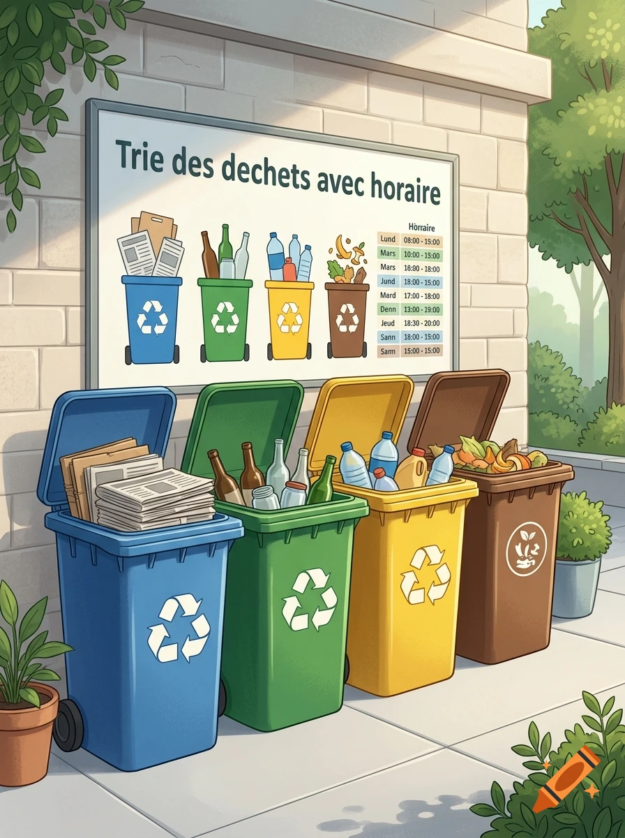 Digital illustration of four colorful recycling bins filled with paper, glass, plastic, and organic waste, with an instructional poster on the wall behind them.
