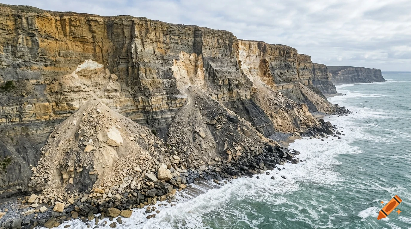A rocky coastal cliff with a landslide of earth and rocks falling into the ocean waves below.