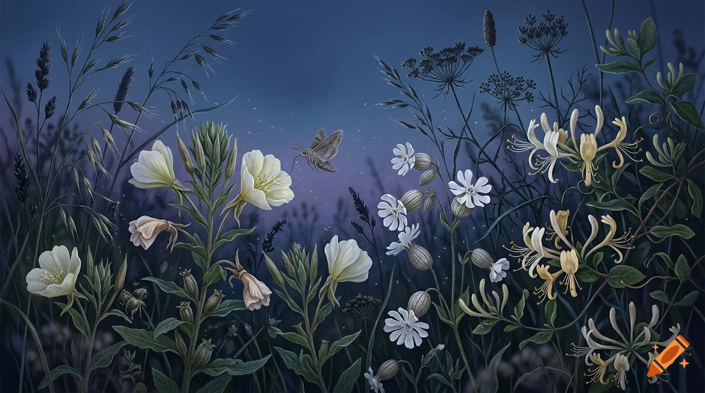 An insect hovering near white evening primrose and honeysuckle flowers in a meadow at twilight.