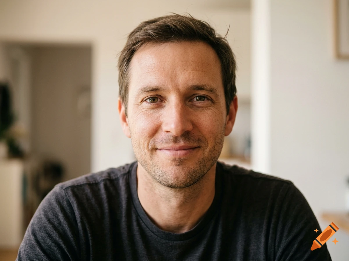 Close-up portrait of a smiling middle-aged man with dark hair and stubble, looking directly at the camera.