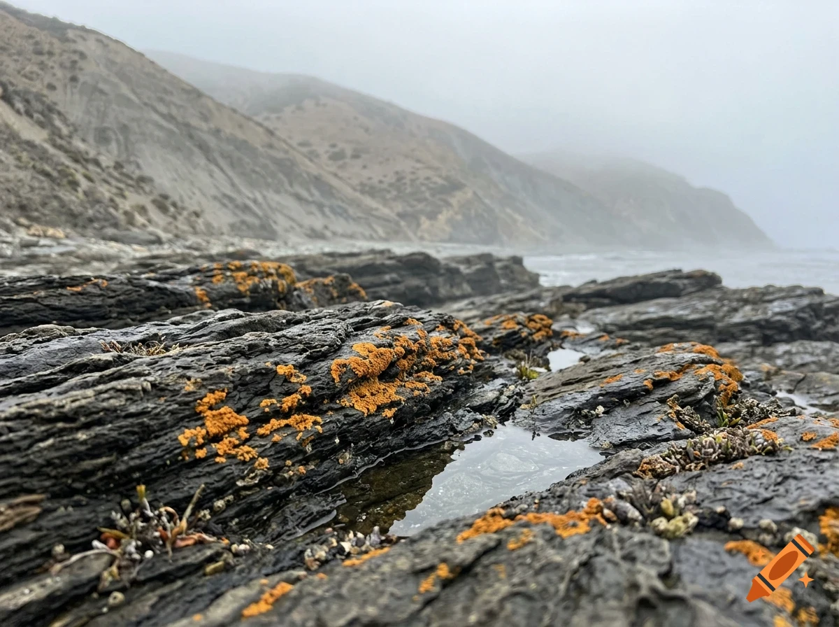 Rock formations covered in orange lichen on a foggy beach with hills in the background.
