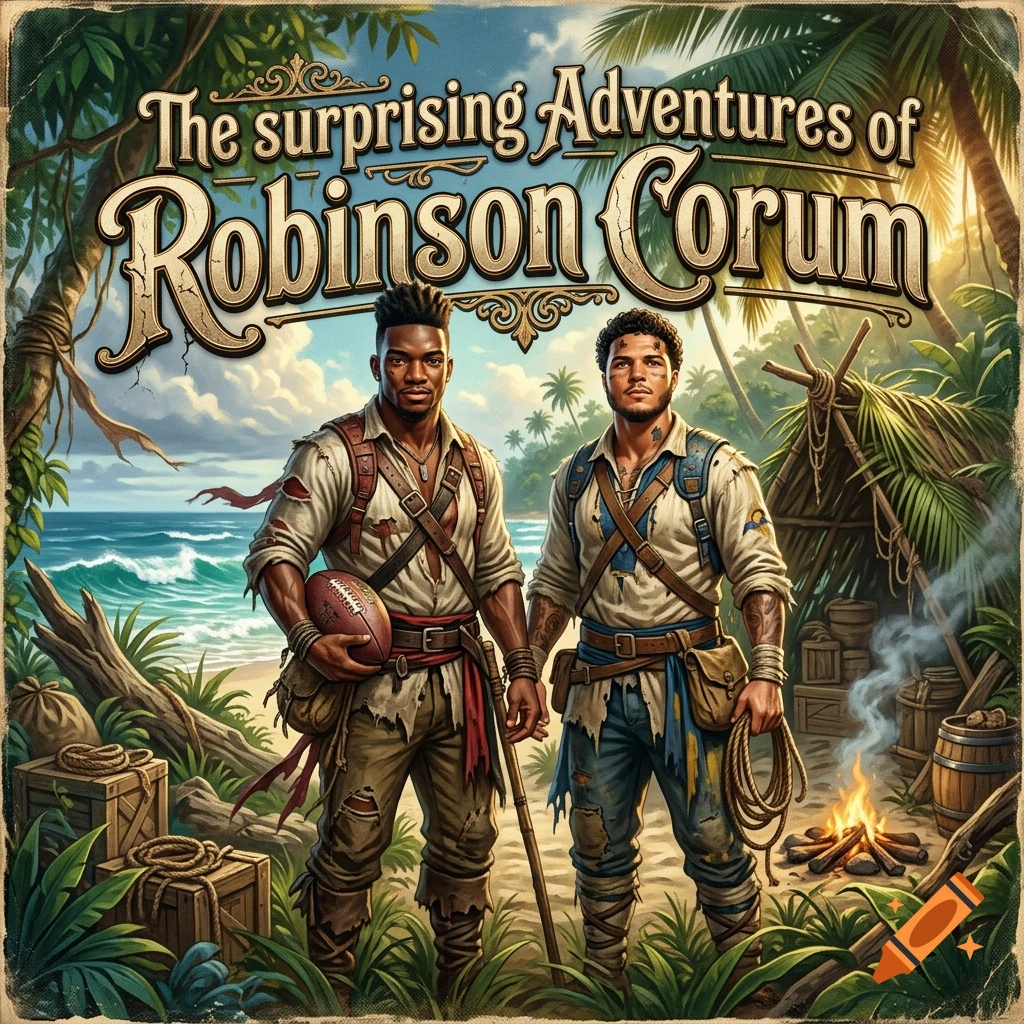 Fantasy illustration of two football players as Robinson Crusoe on a tropical island with a campfire.