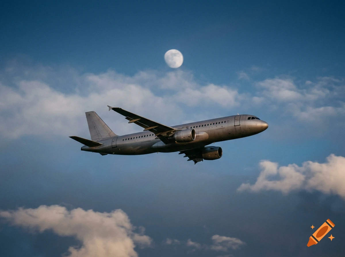 Photorealistic image of a passenger airplane flying through the sky with clouds and the moon in the background