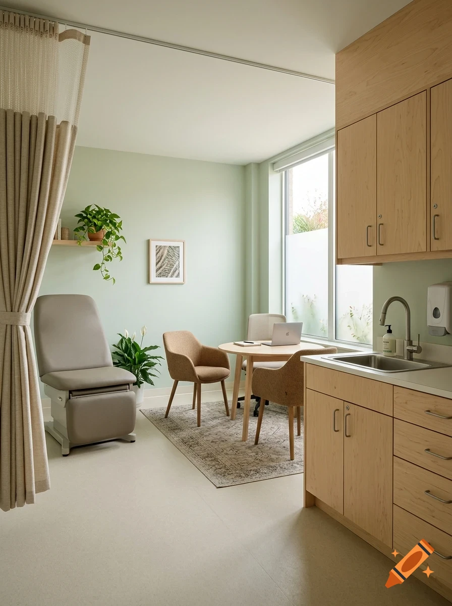 A modern, bright medical examination room with light wood cabinets, an exam chair, a small consultation table with chairs, and a sink.