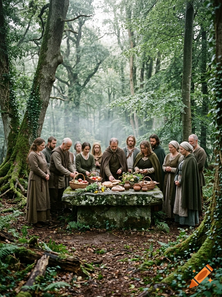 People gathered around a stone altar in a dense, mossy forest, offering food and flowers.