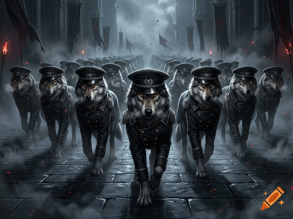 A pack of feral wolves wearing black military parade uniforms and hats, marching down a stone street in a dark, foggy fantasy city.