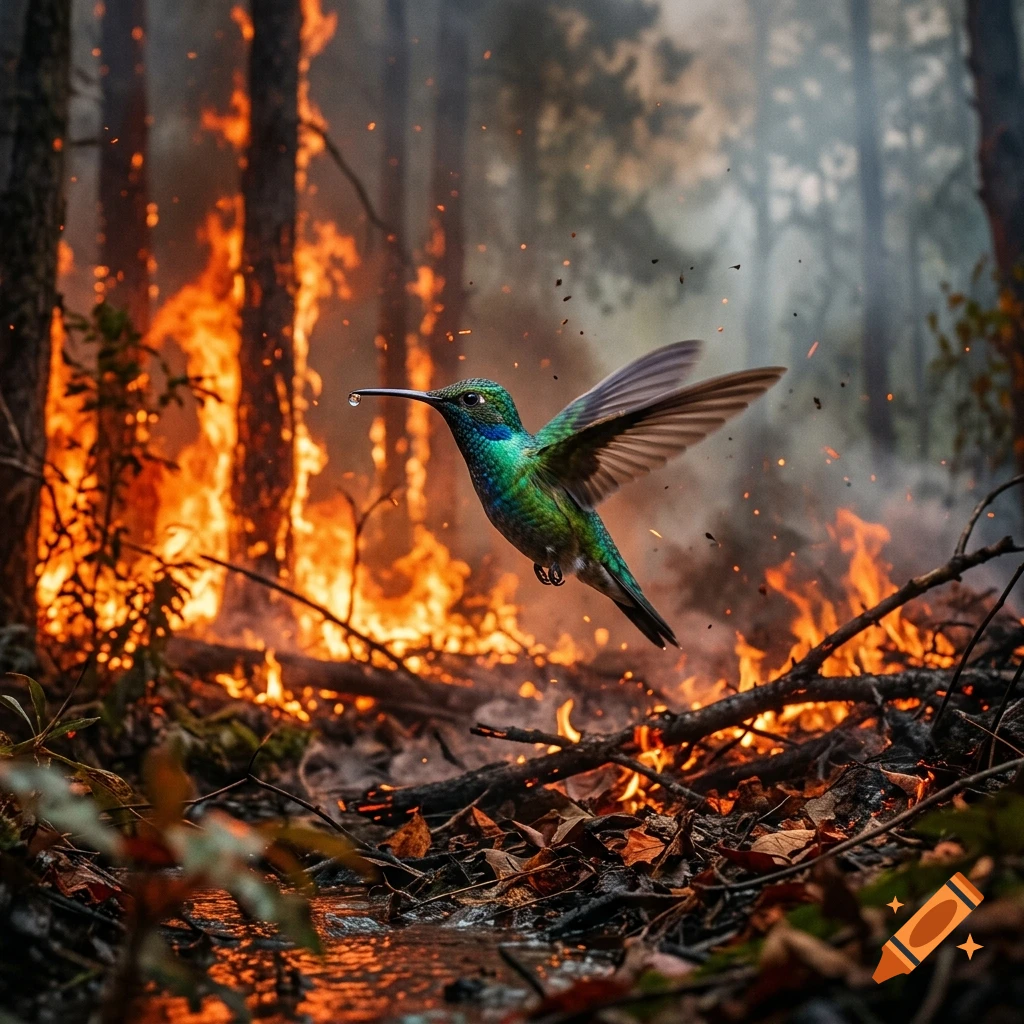 Photorealistic hummingbird flying in front of a burning forest with smoke and embers.