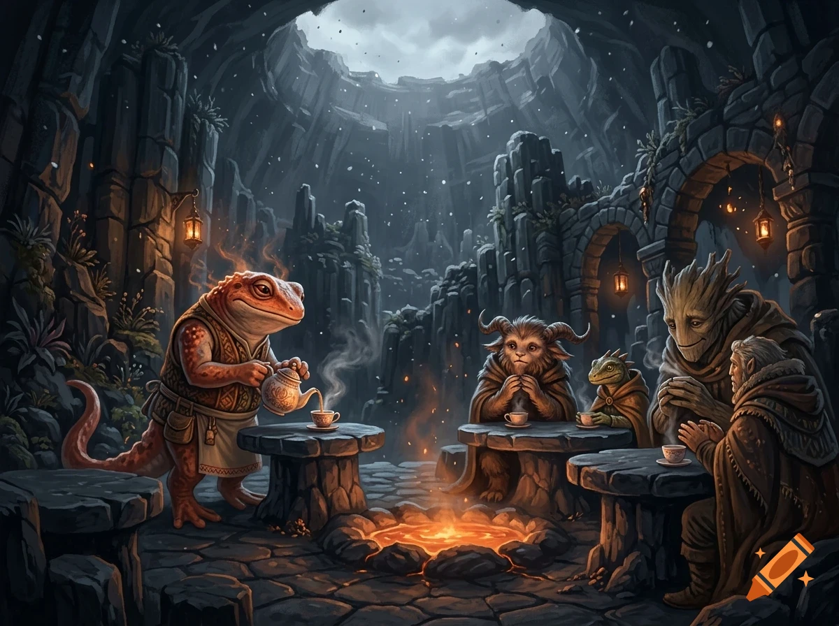 An anthropomorphic lizard pours tea for fantasy creatures gathered around stone tables and a central fire pit in a cavern.