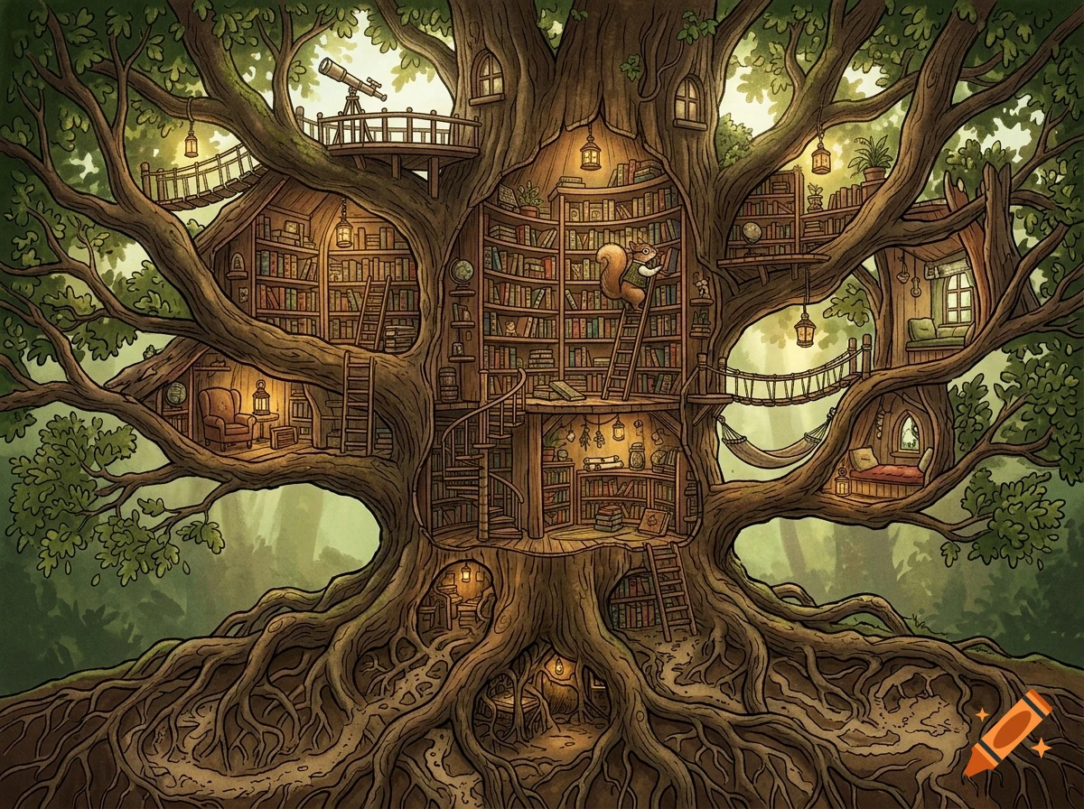 An intricate cutaway illustration of a giant treehouse library inside a massive old tree, filled with bookshelves, cozy rooms, and a small squirrel climbing a ladder.