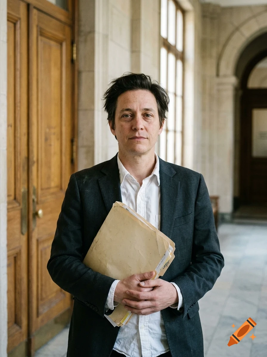 Portrait of a person holding a folder in a hallway.