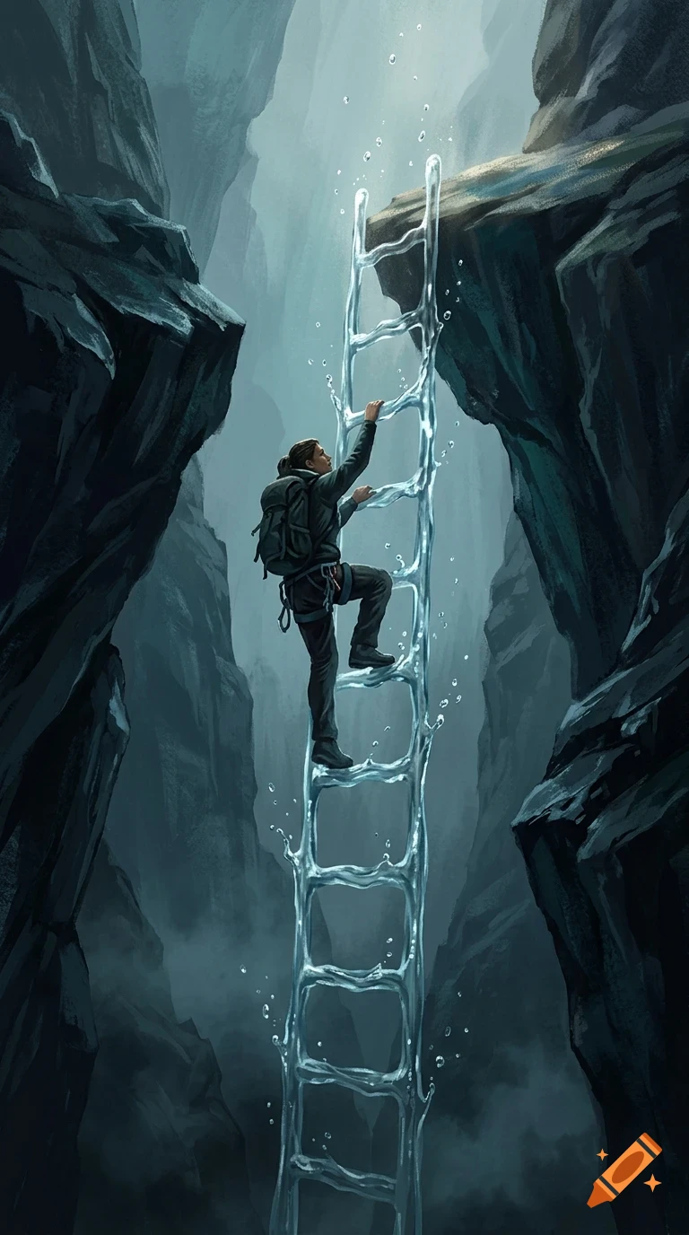 A person with a backpack climbs a ladder made of splashing water suspended between dark rocky cliffs.
