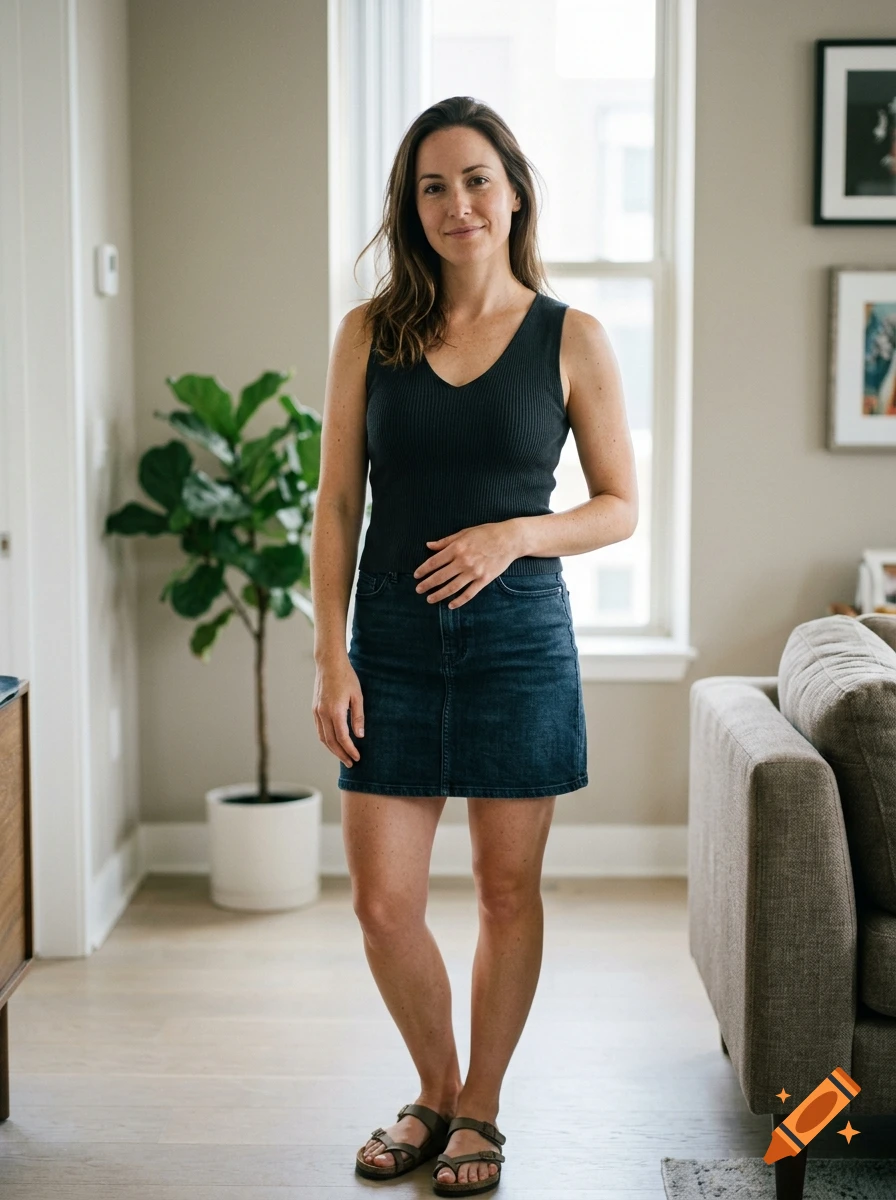 Full-length photorealistic portrait of a woman standing in a living room, wearing a dark tank top and denim skirt.